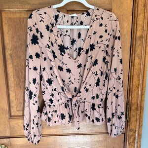Floral Print V-Neck Blouse - Black on Tan